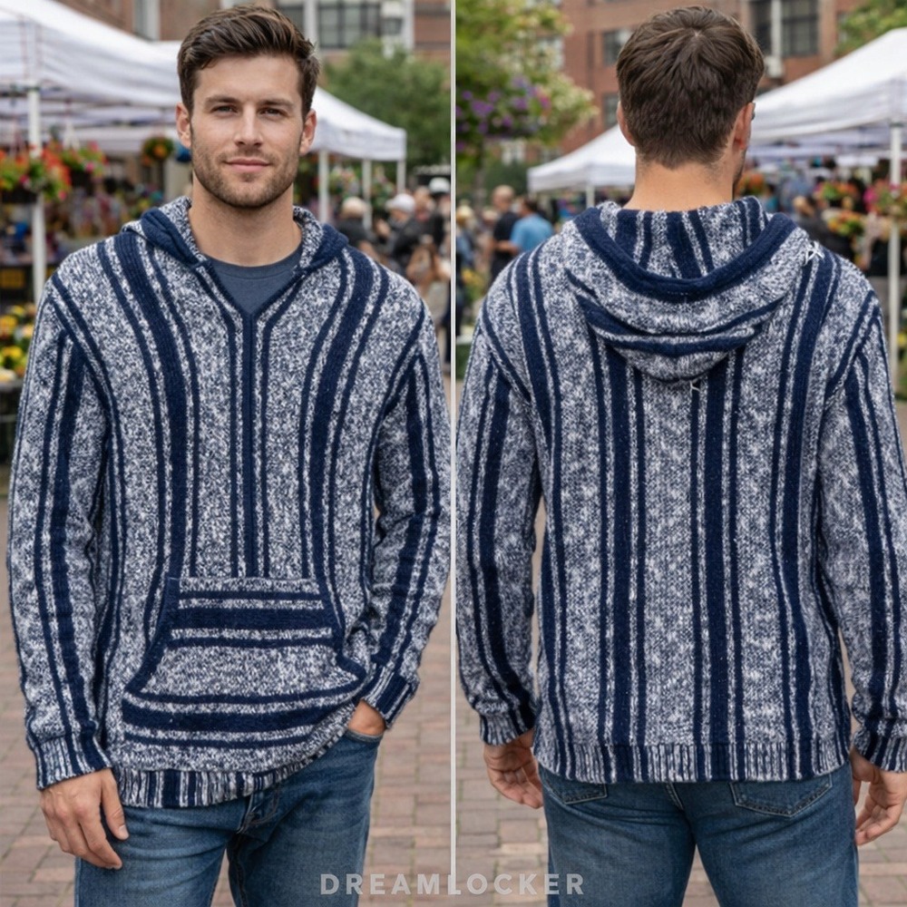 Lucky Brand Mens Baja Hooded Sweater Navy Blue White Striped Medium NEW